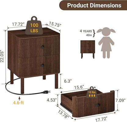 Night Stand Set of 2 with Charging Station, 18" Fluted Nightstand with Rounded Corners & Solid Wood Legs, 2 Drawers End Table, Mid Century Modern Bedside Table for Bedroom, Walnut