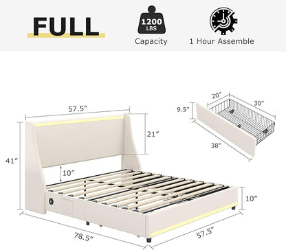 VECELO Full Size Bed Frame with Storage Drawers, Upholstered Platform Bedframe with Wingback Headboard, No Box Spring Needed, Beige