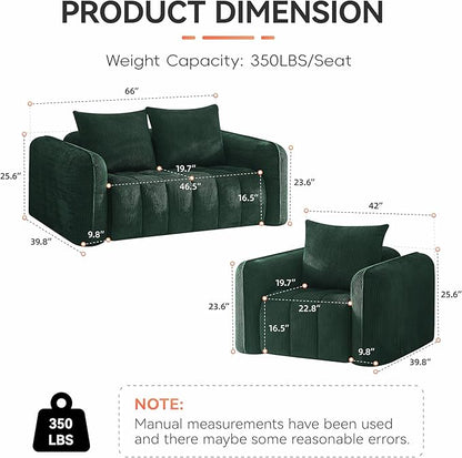 Corduroy Boneless Living Room Sets, Modern Upholstered Loveseat with 2 Signle Sofa Chairs, Comfy Deep Seat Cloud Sofa Couch Sets for Living Room, Green