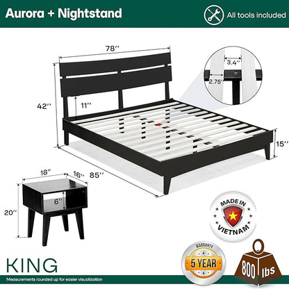 Acacia Aurora King Solid Wood Bed Frame with Headboard – Gift Matching Nightstand Included, Mid-Century Modern Farmhouse, Black Ristretto, 800 lbs Capacity, Sturdy, No Box Spring, Easy Assembly
