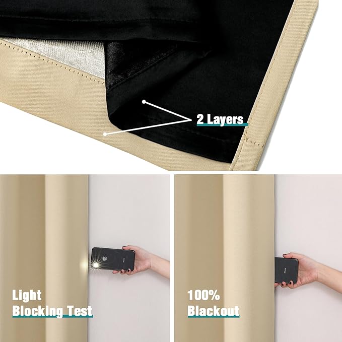 ChrisDowa 100% Blackout Curtains 63 inch Long for Bedroom with Black Liner, 2 Thick Layers Total Blackout Thermal Insulated Grommet Window Curtains 2 Panels Set (Beige, 38 x 63 Inch)