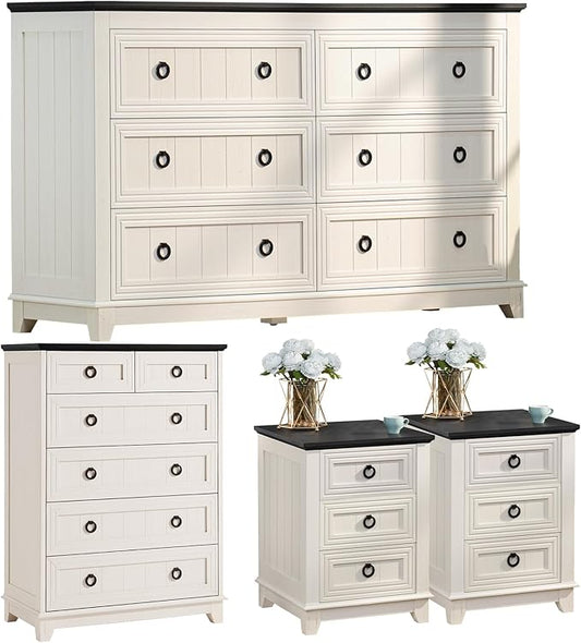 Bedroom Dresser and Nightstand Sets 4 Piece, Farmhouse 6 Drawers Dresser & 40.5" Tall Chest of Drawers, 18" Nightstands Set of 2, 54" Wide Furniture Dressers for Bedroom, Living Room, White