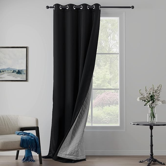 Extra Long Blackout Soundproof Curtains Thermal Insulation Drapes with 3-in-1 Layer Light Blocking Heat Insulating for Bedroom Living Room (1 Panel, Black, 50" x 120")