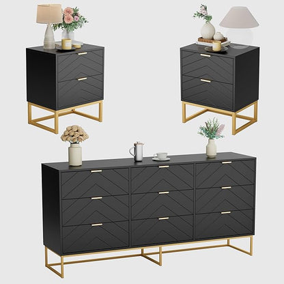 Anbuy Morden 9 Drawer Dresser and Nightstand Sets for Bedroom, 3 Pieces Bedroom Sets Night Stand Set of 2 & 9 Drawer Dresser with Gold Handles, Wood Chest of Drawers Storage Cabinet Set, Green Black