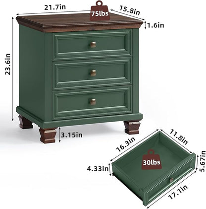 Farmhouse Nightstand with 3 Drawers, Rustic Couch End Table with 4 Square Solid Wood Legs, Mid-Century Vintage Bed Side Table with Storage, Small Dresser for Bedroom, Living Room, Green