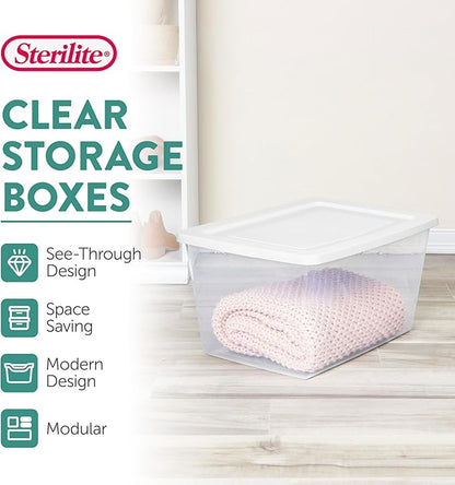 Sterilite 24 Pack Storage Box, 58 Quart Stackable Tote, Clear Plastic Container with Secure Snapping Lids for Home and Office Organization, White