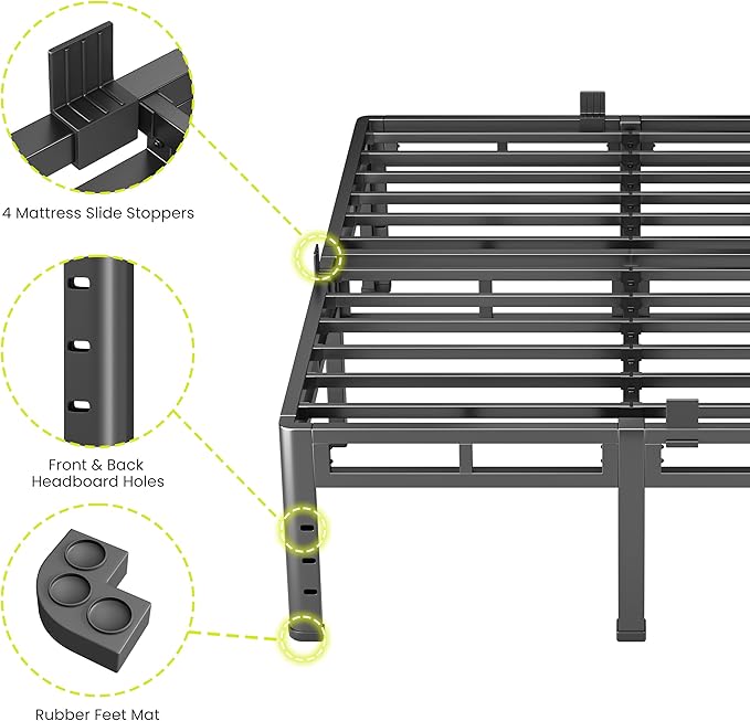 NKZ Full Size Bed Frame 16 Inch, Metal Bed Frame & Box Spring 2 in 1 Platform with Round Corner Legs, 4000lbs Weight Capacity Reinforced Metal Frame, Headboard Hole, Noise-Free, Easy Assembly