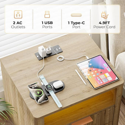 Fluted Nightstand Set of 2, 2 Drawers Storage Bedside Table with Charging Station, Wood Modern Nightstand with Open Shelf, Curved Profile Design, End Table for Indoor Room Bedroom, Oak