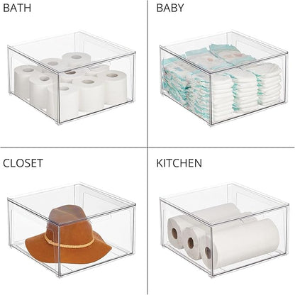 mDesign Plastic Stackable Closet Storage Organizer Bin Containers with Front Pull Drawer for Cabinet, Desk, Shelf, Cupboard, or Dresser Organization - Lumiere Collection - 4 Pack - Clear