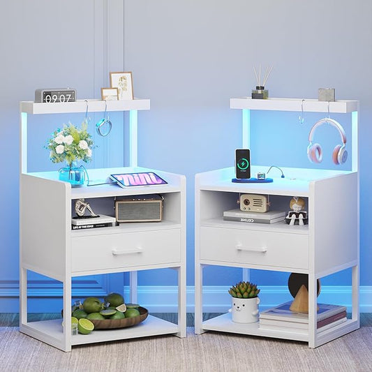 VIAGDO Nightstand Set of 2 with Charging Station and LED Lights, White Night Stand with Drawer, Modern End Side Table with Open Storage Shelves, Bedside Tables for Bedroom, Office