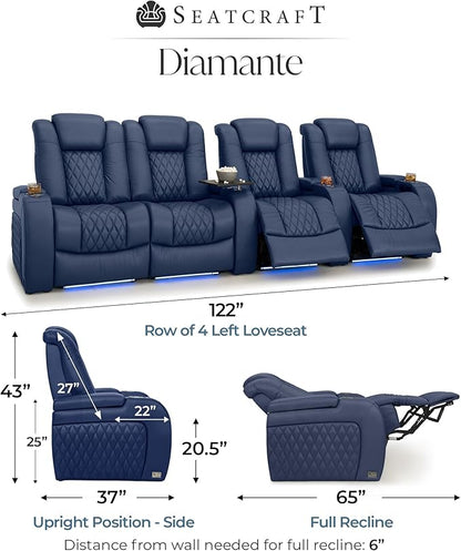 Seatcraft Diamante Zero-Gravity CoolZero Italian Leather Home Theater Seating, Power Headrest, Power Recline, Row of 4 Left Loveseat, Navy Blue