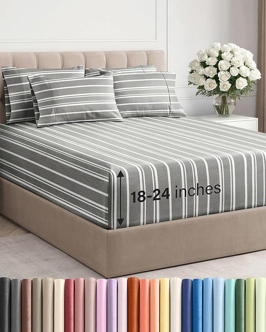 Extra Deep Full Sheet Set - 6 Piece Breathable and Cooling Sheets - Hotel Luxury Bed Sheets Set - Easy Fit - Soft, Wrinkle Free and Comfy Sheets Set - Grey Striped Sheet Set with Extra Deep Pockets