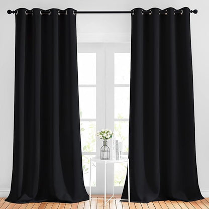 NICETOWN Blackout Black Curtains & Drapes 90 inches Long - Grommet Thermal Insulated Blackout Drapes Light Blinds Room Darkening Window Treatments for Bedroom (2 Panels, W52 x L90, Black)