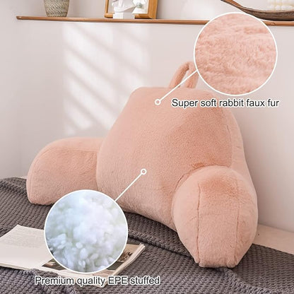 Holawakaka Reading Pillow for Sitting up in Bed Sofa Kids Teens, Backrest Pillow with Arms for Girls Women Petites Pregnancy, Back Support Cushion for Couch Floor Nursery Playroom Blush