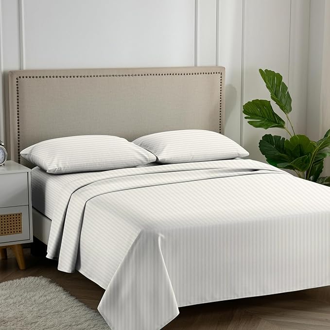 Carressa Linen Luxury Egyptian Cotton Queen Stripe Sheet Set, 600 Thread Count Extra Long Staple 4 PC Set, Queen Damask Sheets, Soft, Cooling Sateen Weave Sheets Upto 18" Deep Pocket - Ivory