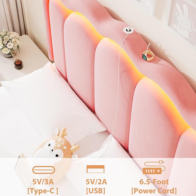 Velvet Upholstered Queen LED Bed Frame with 2 Storage Drawers and Adjustable Chic Double Wavy Headboard, Princess Platform Bed with Charing Station, Solid Wood Slats Support,No Box Spring Needed,Pink