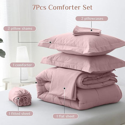 JOLLYVOGUE Full Comforter Set, Ultra-Soft Bed in a Bag Full Size 7 Pieces, Oeko-TEX Certified Bedding Set with Down Alternative Comforter, Sheets, Pillowcases & Shams, Camio Pink