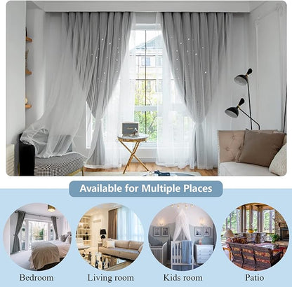 Star Double Layer Blackout Curtains for Bedroom, Kids - Cute, 96 Inches Long, 2 Panels Set, Grey, 42 X 96 Inches