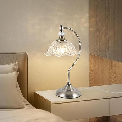 Brushed Nickel Table Lamp with a Floral Clear Glass Shade, A Plug-in Nightstand Lamp in Brushed Nickel Finish for Bedroom, Living Room,Office, and Desk