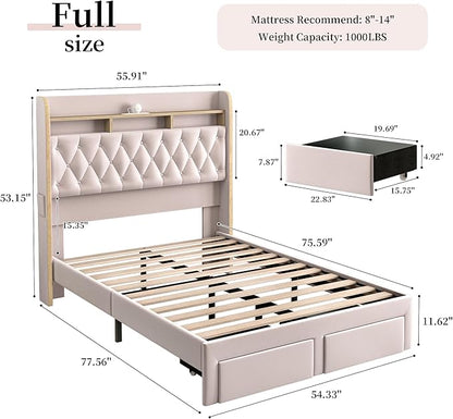 Full LED Bed Frame with Storage Drawers, Velvet Upholstered Platform Beds with Galaxy Star Projector Charging Station Speaker, Aurora Bedframe with 2-Tier Storage Headboard, Noise-Free, Pink