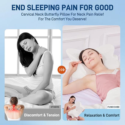 Cervical Neck Pillow for Sleeping, Dual Height Contour Memory Foam Pillow for Neck Pain Relief & Support, Orthopedic Butterfly Pillow for Side, Back & Stomach Sleepers – Cooling Washable Cover (white)