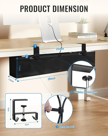 28" No Drill Under Desk Cable Management Tray - Upgraded Oxford Fabric with Cable Loop, No Damage to Table for Standing Desks and Home Office (Regular (28 Inch))