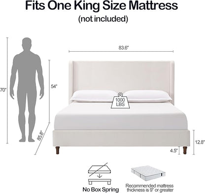 Upholstered Bed Frame with 54'' Nail Head Decorative Wing Back,Hand Buttoned Tufting Headboard Platform Bed Frame with Wooden Slats,No Box Spring Needed (Cream White, King)