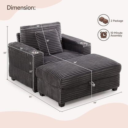 ONBRILL Corduroy Oversized Chair with Ottoman, 44" Wide Armchair with Cup Holders & USB Port, Reading Chair w/Storage Armrest, Easy Assembly, Comfy Single Sofa Bed for Living Room, Apartment, Grey