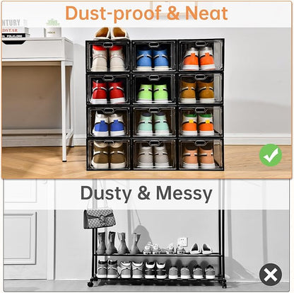 12 Pack Large Shoe Storage Box, Clear Shoe Storage Organizer with Magnetic Door, Stackable,Shoe Containers For Display Sneakers, Easy Assembly, Fit up to US Size 12, Transparent