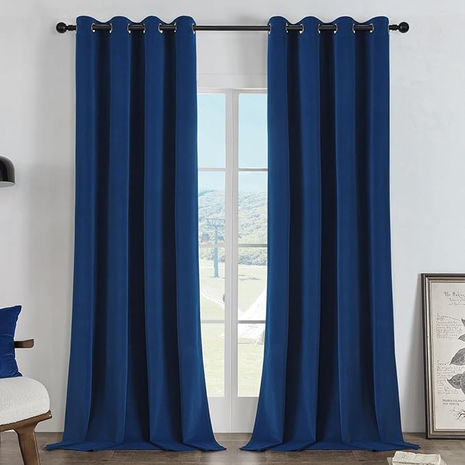 Joydeco Royal Blue 100% Blackout Curtains 96 Inch 2 Panels, Luxury Thermal Royal Blue Velvet Curtains for Bedroom Living Room, Soundproof Blackout Window Drapes, Grommet Top (52W x 96L)