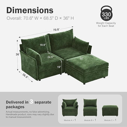 ABCASA Luxury Modular Sectional Sofa, L-Shaped 3-Seat Couch with Storage Ottoman Deep Seat & Reversible Chaise Lounge Chenille Green for Compact Spaces, Apartments, Dorm