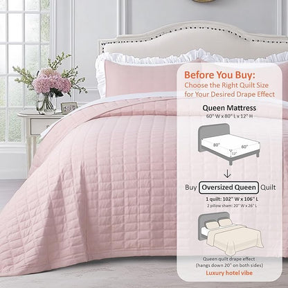 KASENTEX Oversized Queen Quilt Set 102"x106" – Soft Washed 3-Layer Lightweight Bedspread, Minimalist Nordic Design, All-Season Spring & Summer Quilt Set (1 Quilt + 2 Pillow Shams), Blush Pink