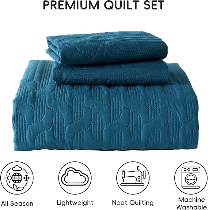 Yiran Teal Blue Quilt Set King Size Lightweight Bedspread Ultrasonic Wave Pattern Soft Microfiber Coverlet for All Season Modern Style 3 Piece Bed Cover Sets with 2 Pillow Shams (106"x96")