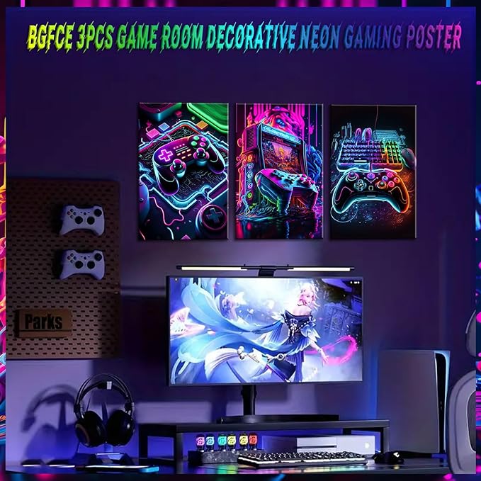 Game Room Decor Posters Set of 3 - Neon Gaming Accessories Theme Canvas Wall Art, Gamer Console Paintings Picture Wall Decor for Children Youth Boys Bedroom 12x16 inch Unframed