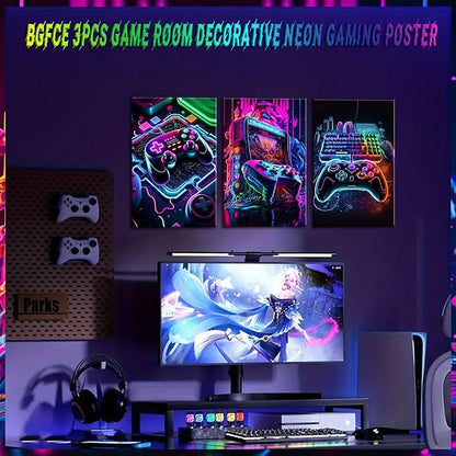 Game Room Decor Posters Set of 3 - Neon Gaming Accessories Theme Canvas Wall Art, Gamer Console Paintings Picture Wall Decor for Children Youth Boys Bedroom 12x16 inch Unframed