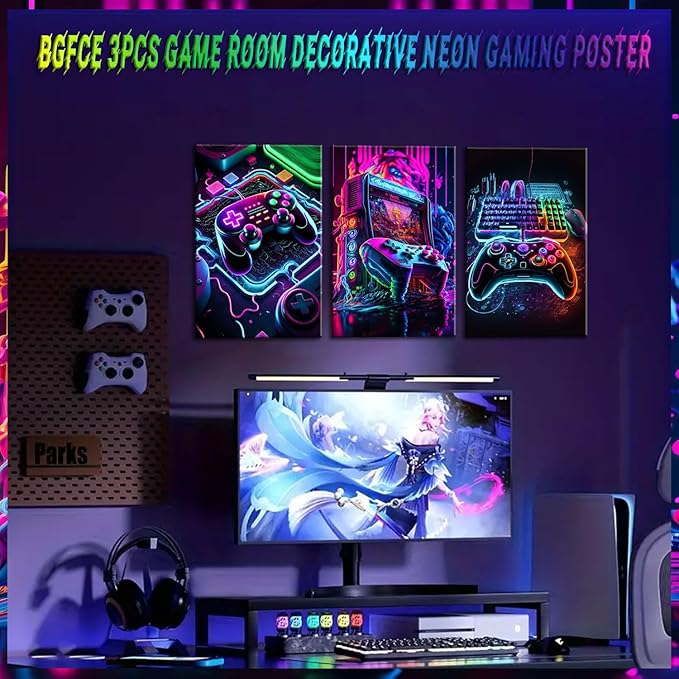 Game Room Decor Posters Set of 3 - Neon Gaming Accessories Theme Canvas Wall Art, Gamer Console Paintings Picture Wall Decor for Children Youth Boys Bedroom 16x24 inch Unframed