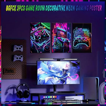 Game Room Decor Posters Set of 3 - Neon Gaming Accessories Theme Canvas Wall Art, Gamer Console Paintings Picture Wall Decor for Children Youth Boys Bedroom 16x24 inch Unframed