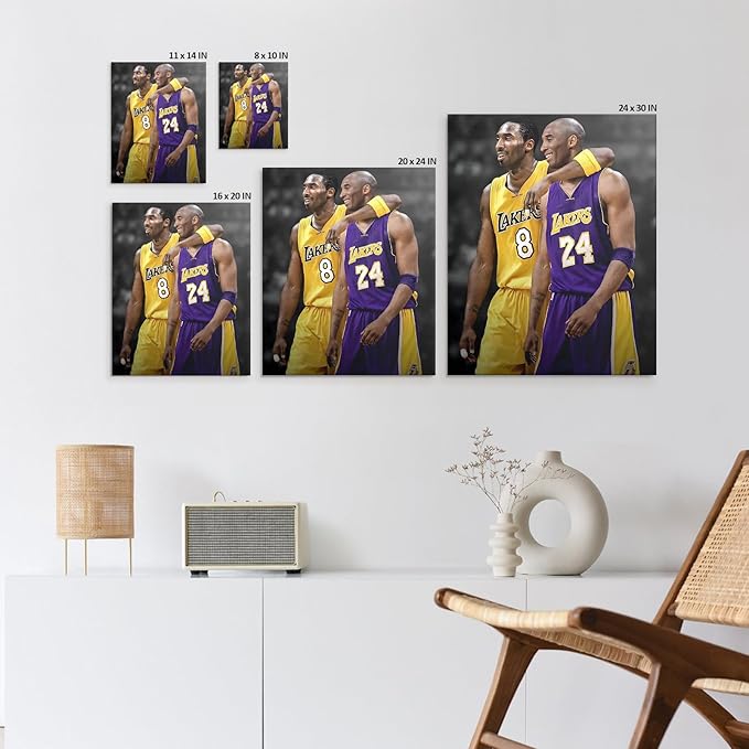 Kobe Bryant Canvas Wall Art Print Poster, Iconic Basketball Player Dual-Era Tribute Artwork, No. 8 and No. 24 Jersey Mamba Mentality Wall Decor for Home Gym Dorm Office Living Room, Framed 11x14inch