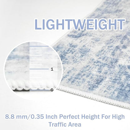 IOHOUZE Abstract Runner Rug 3x8 Ft Washable Runners for Hallways, Non Slip Kitchen Runner Printed Faux Wool Entryway Runner Indoor, Modern Abstract Floor Carpet for Hall Bedroom, Light Blue White