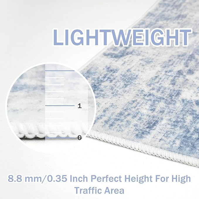 IOHOUZE Abstract Runner Rug 2x12 Ft Washable Runners for Hallways, Non Slip Kitchen Runner Printed Faux Wool Entryway Runner Indoor, Modern Abstract Floor Carpet for Hall Kitchen, Light Blue White