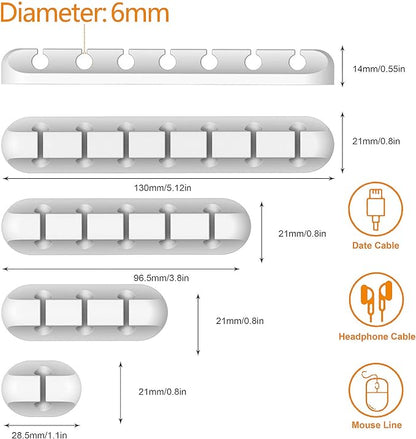 Cord Holder Cable Organizer Clips – Self Adhesive Cord Organizer for Desk, Car, Nightstands, Office, White Silicone Cord Keeper Cable Clips Wire Holders for Phone Charger Cords (7-5-3-1-1 Slots)