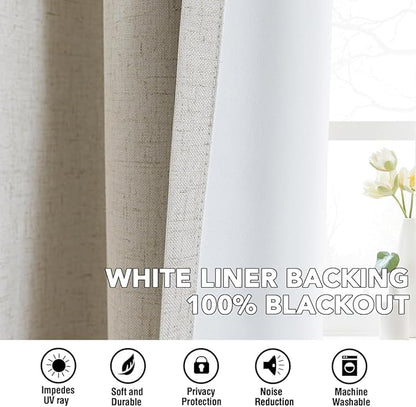 H.VERSAILTEX Linen Curtains 100% Blackout Curtains for Bedroom 102 inch Long Full Light Blocking Nature Linen Blended Window Curtains for Living Room Nickel Grommet (2 Panels, Heathered Linen)
