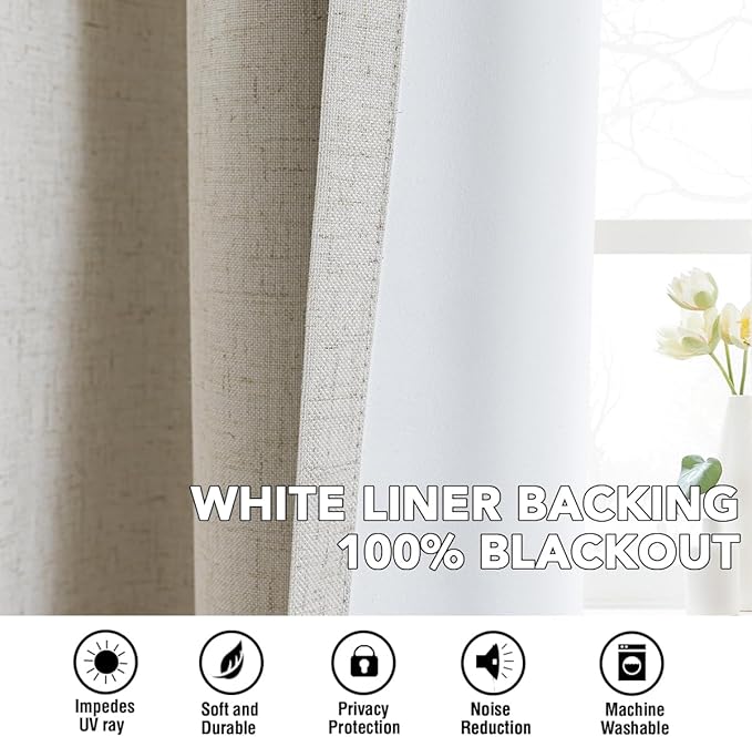 H.VERSAILTEX Linen Curtains 100% Blackout Curtains for Bedroom 45 inch Long Full Light Blocking Nature Linen Blended Window Curtains for Living Room Nickel Grommet (2 Panels, Heathered Linen)