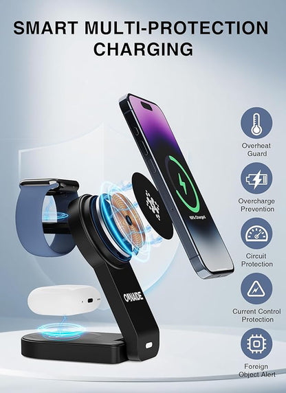 3-in-1 Charging Station for Apple MagSafe Charger, Foldable Wireless Charging Station Magnetic Charger Stand for iPhone 17 Air/16/15/14/13/12 Series/Apple Watch10-2/Airpods (Black)