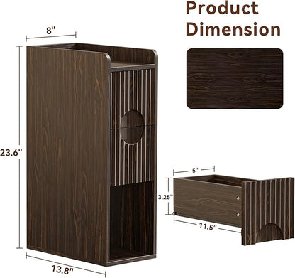 Narrow Nightstand Set of 2, Wood 2 Drawer Narrow Nightstand, Skinny Night Stand with Open Storage, Mid Century Modern Slim Bedside Table for Bedroom, Walnut