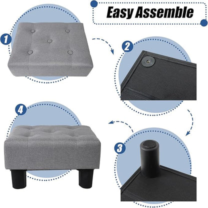 BRIAN & DANY Small Foot Stool, Linen Foot Stools with Legs, Stable Small Footstool for Living Room, Light Gray