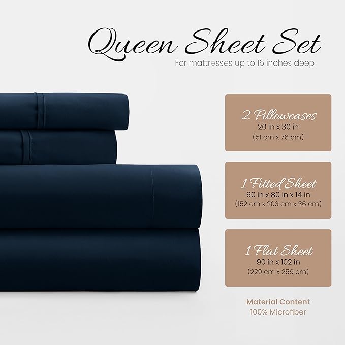 Linen Market Brushed Microfiber Queen Sheet Set 4 Piece – Oeko-TEX Certified Ultra Soft & Wrinkle-Free - 16" Deep Pocket Sheets - Easy Care Queen Size - Navy
