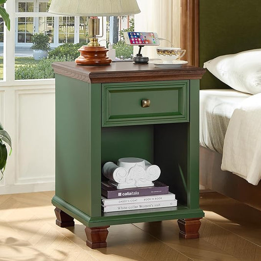 SAVOR LIFE Farmhouse End Tables Living Room with Drawer, Rustic Wood Nightstand with Charging Station, Bedside Table with Open Shelf for Bed Room, Living Room, Green