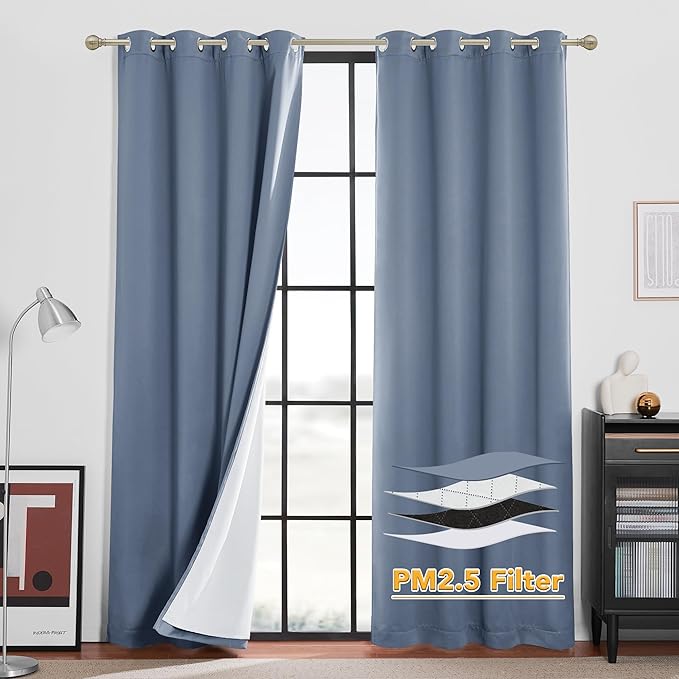 RYB HOME 4-in-1 Dust Filtering Soundproof Blackout Insulating Privacy Window Curtains for Nursery Bedroom Living Room Rivider Sound Absorption Sheet, Stone Blue, W52 x L84 inch, 2 Panels