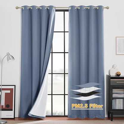 RYB HOME 4-in-1 Dust Filtering Soundproof Blackout Insulating Privacy Window Curtains for Nursery Bedroom Living Room Rivider Sound Absorption Sheet, Stone Blue, W52 x L84 inch, 2 Panels